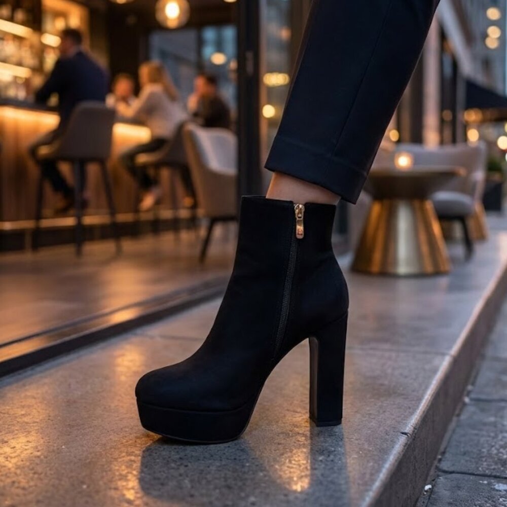 💥 NWT X2B Black Platform Block Heel Booties Gold Zip | 5" Heel 1" Platform